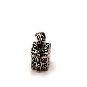 Prayer Box Charm. 925 Sterling Silver. Hinged with scroll, lock and bail